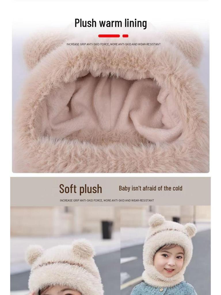 Children's Wool Knit Hooded Hat & Scarf Combo - Windproof, Ear-Protection Pullover for Boys & Girls