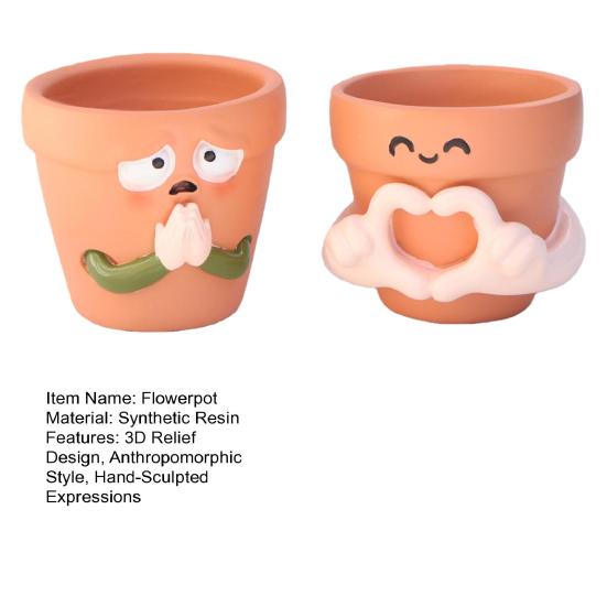 2Pcs Flowerpots Breathable Clay Texture Resin Mini Planter with 3D Relief Anthropomorphic Design Desktop Balcony Windowsill Decor