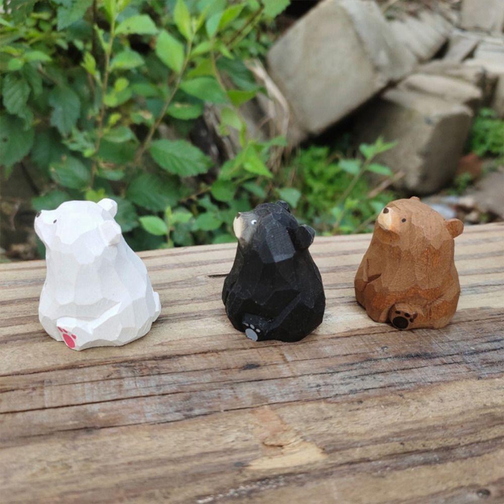 Gifts Solid Wood Wooden Bear Figurines Hand Carved Realistic Polar Bear Ornament Cute Funny Mini Bear Statue Balcony