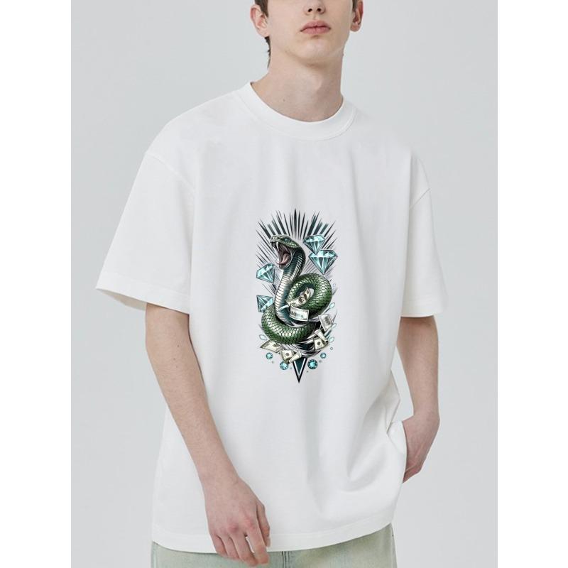 Weißes T-Shirt Schlange Diamant Geld Print Lässiges Streetwear Oberteil für Männer und Frauen