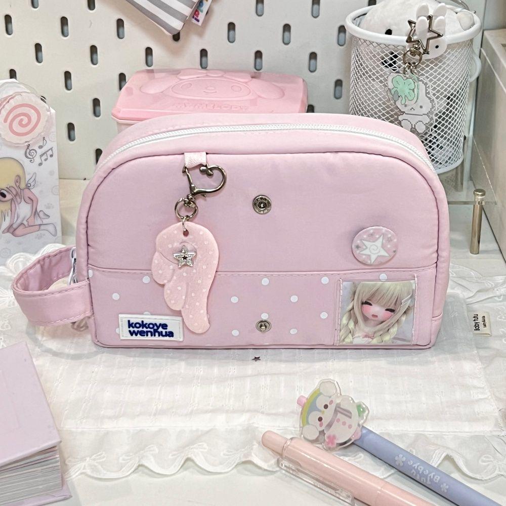 Cherry Blossom Pink Polka Dot Foldable Pencil Case – Stylish and Cute Student Stationery Bag