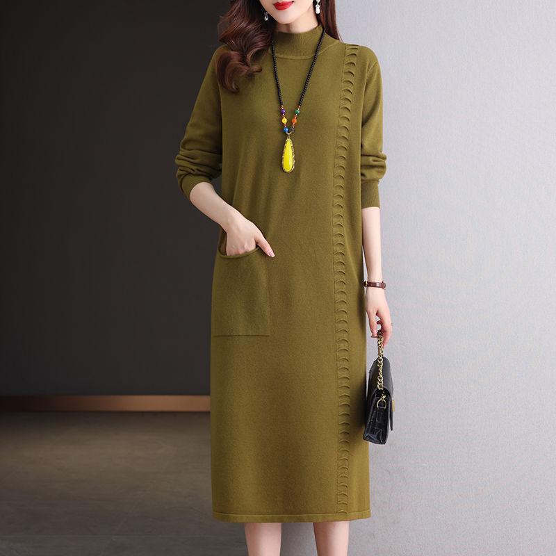 

Пуловер средней длины Свободный Полугольф Карман Вязаное платье для женщин Вязаный свитер до колена для осени и зимы XL дубильная кора