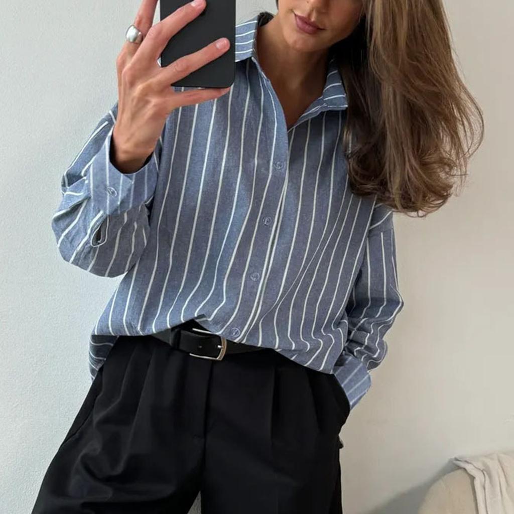 Women's Fashion Casual Striped Cardigan Loose Long Sleeve Shirt T-Shirt Top