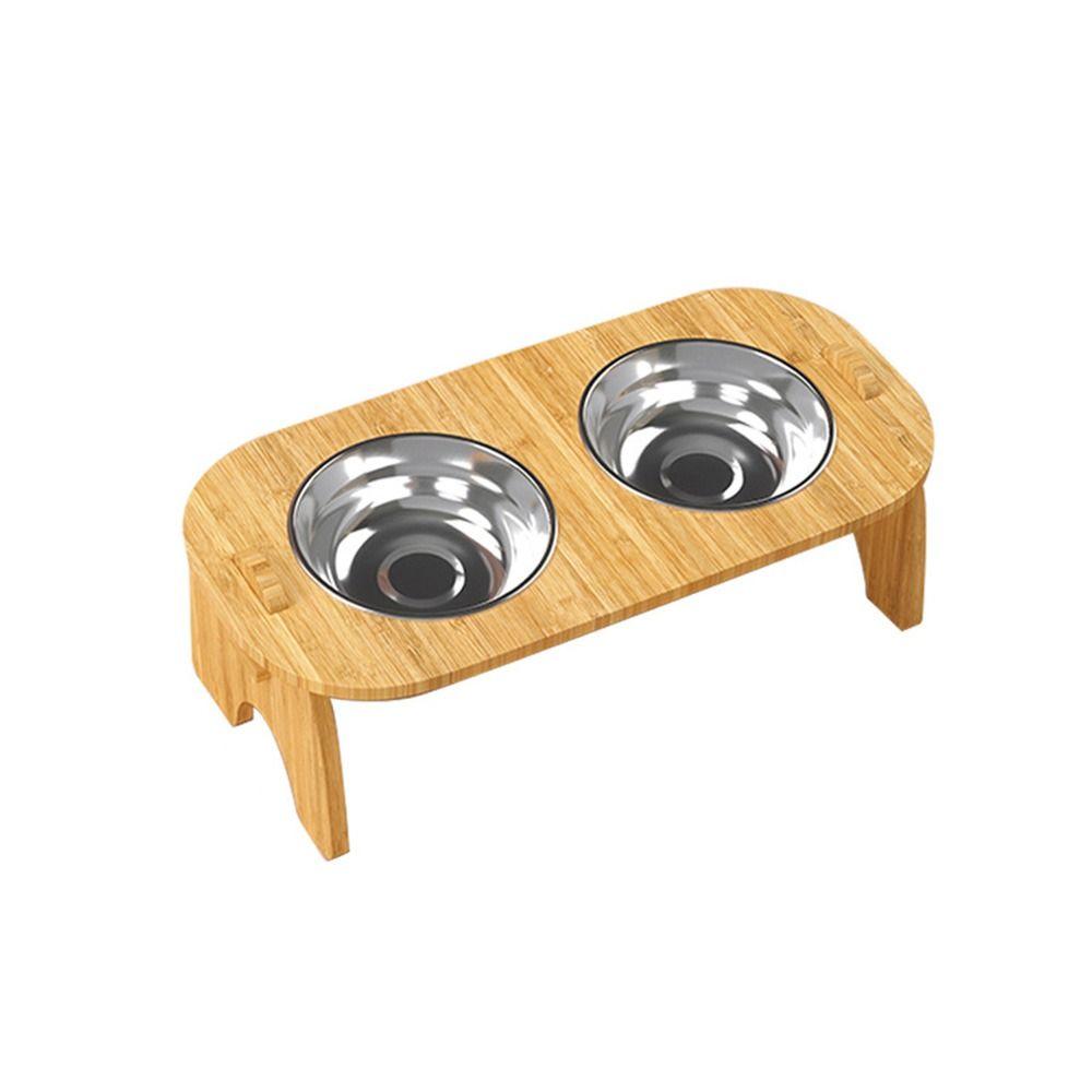 Wooden Stand Holder Raised Pet Bowl Stainless Steel Bowl Dog Feeder Dish  Small Dogs