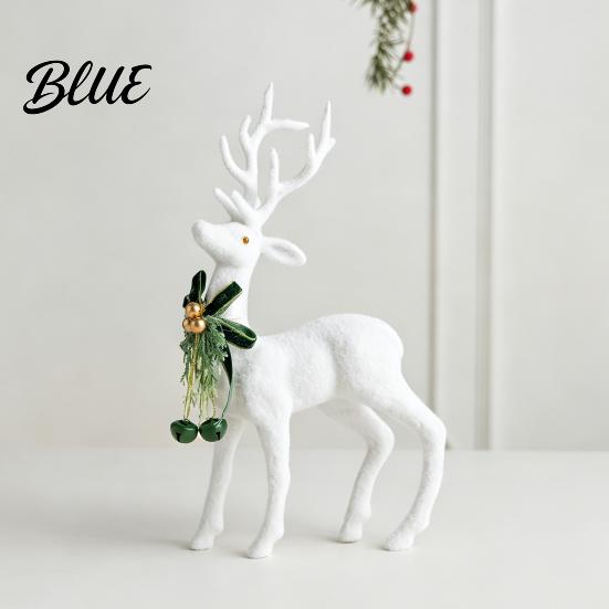 Durable Christmas Party Supplies White Flocked Elk Ornament Ribbon Bell Decor 3D Standing Deer Small Festive Displays for Shops Figurine Decorative