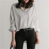 Blue Striped Loose Fit Plus Size Long Sleeve Shirt College Style Casual Blouse