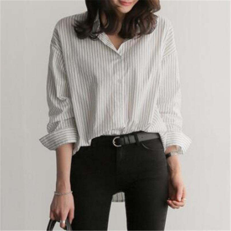 Blue Striped Loose Fit Plus Size Long Sleeve Shirt College Style Casual Blouse