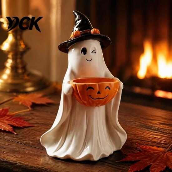 Halloween Table Decorations Resin Ghost Statue with Pumpkin Candy Bowl for Decor, Detailed Tabletop Figures Cute Desktop Organizer Living Room Bedroom