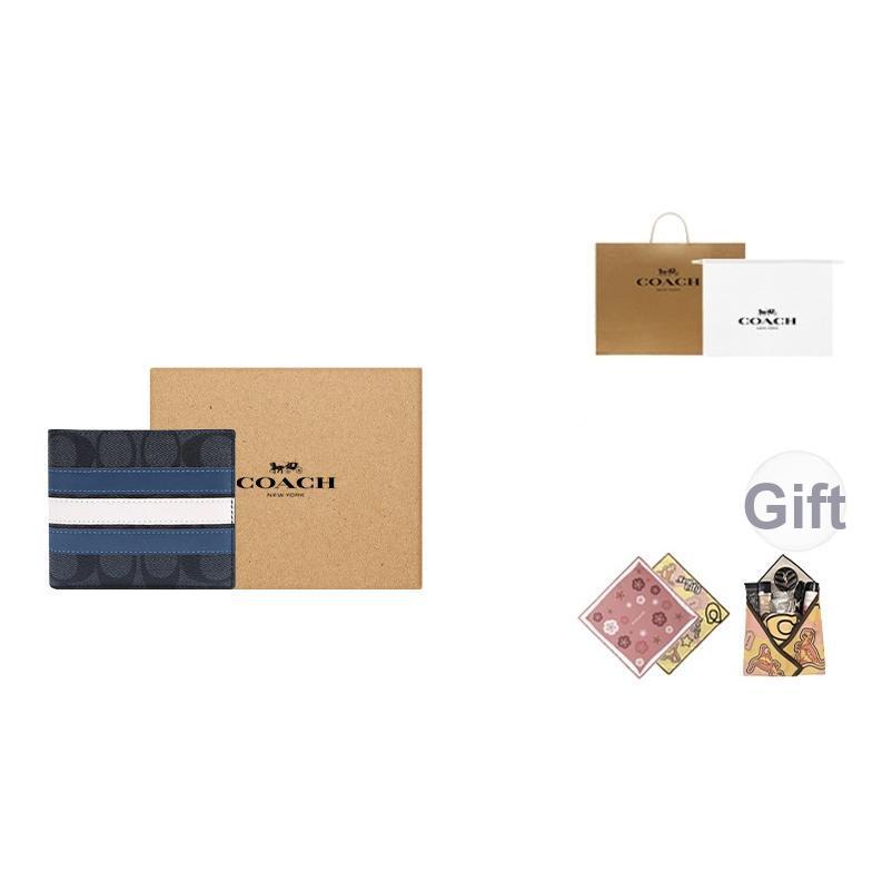 Coach 3 In 1 Wallet With Logo Short Foldable Detachable Card Holder Canvas And Cowhide Men Wallets Black Blue White 3008-QBOH0
