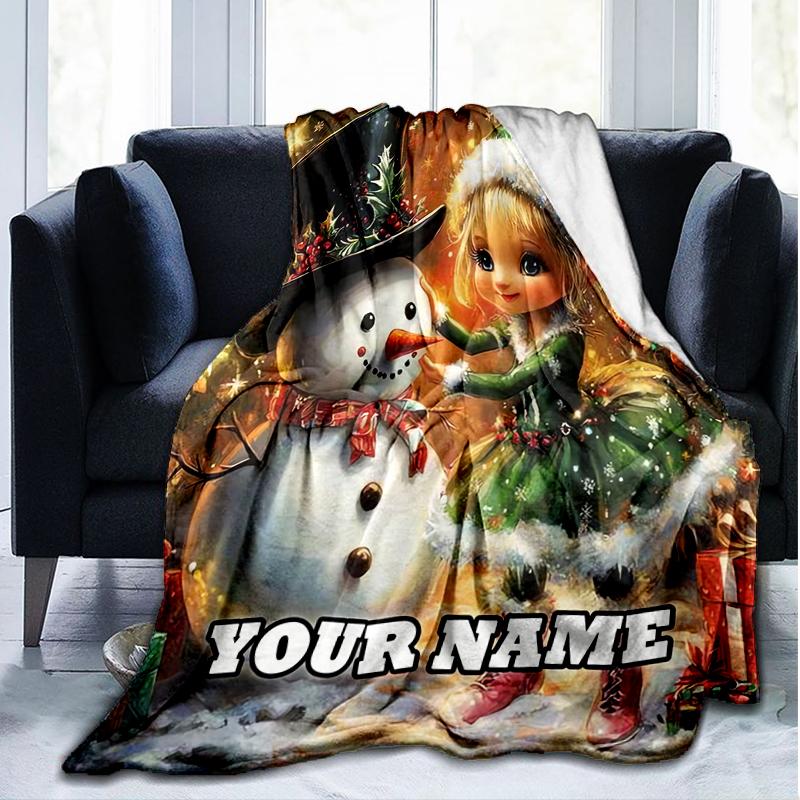 1PC Custom Name Christmas Elf Snowman Outdooor Flannel Blankets Throw Blanket All-Season Throw Gift Bedspread for Couch, Bed, Camping Holiday Birthda