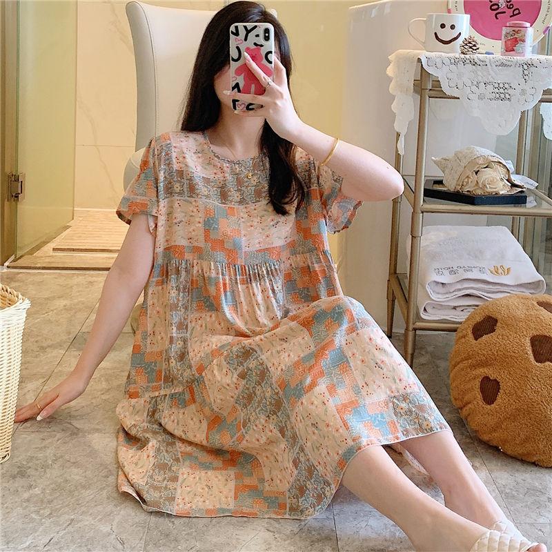 Cotton and Silk Nightgown Women's Summer Short-sleeved Large-size High-end Printed Maternity Pajamas Can Be Worn Outside Long Loungewear