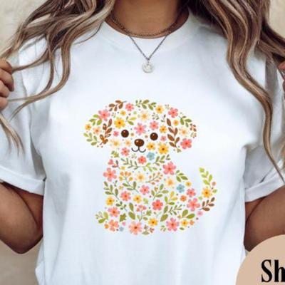Floral Dog Silhouette T-shirt | Colorful Flower Puppy Design