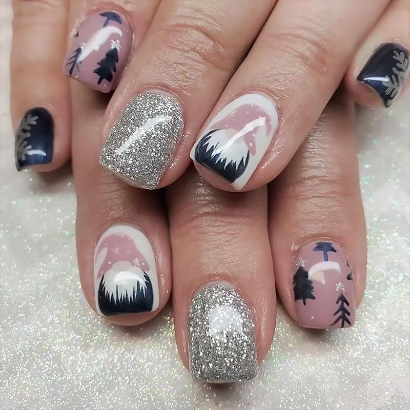Christmas Press on Nails Short Square Fake Nails With Christmas Tree Bow Star Designs Xmas Red Glitter False Nails Full Cover Stick on Nails Acrylic Christmas Press on Nails