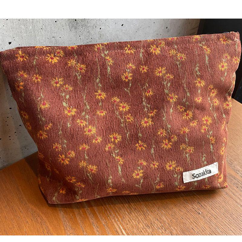 Makeup Bag for Women Portable Corduroy Vintage Flower Travel Wash Mobile Phone Storage Bag Girl Make Up Case Pouch