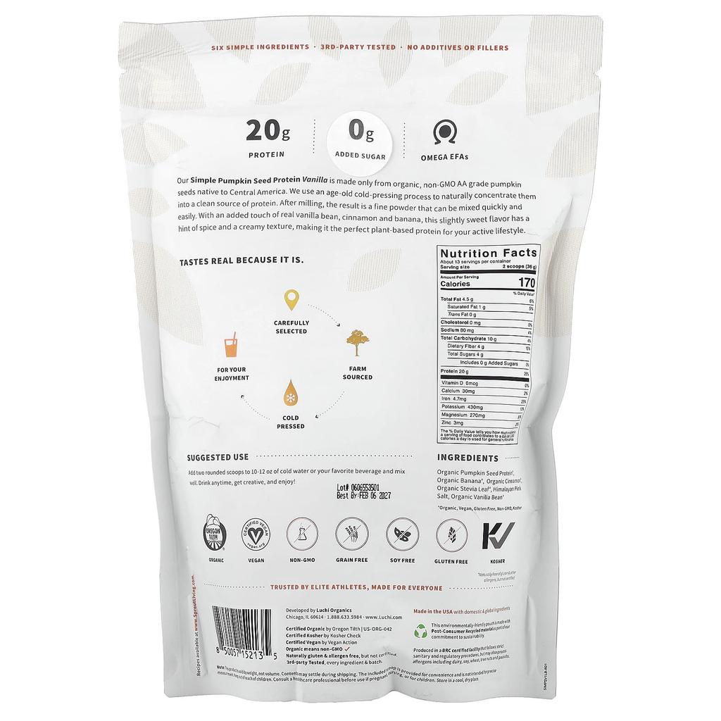 Sprout Living, Simple Pumpkin Seed Protein, Vanilla, 1 lb (454 g)