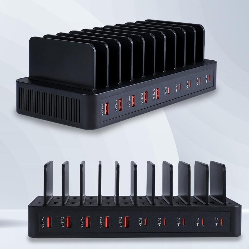 Intelligent European Plug Desktop Chargers with 10 Ports 5 USB 5 Type C ABS Material for Organized Multi Device Charging