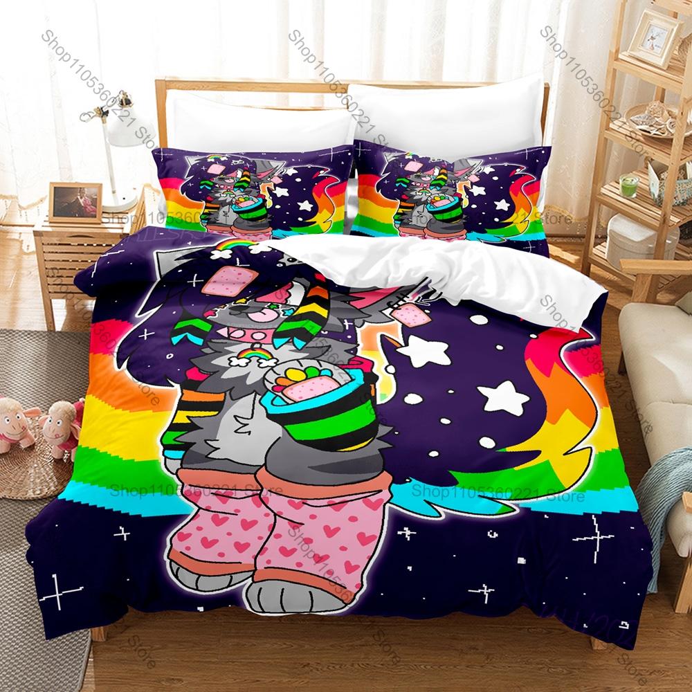 Rainbow Alien Nyan Cat Meme Duvet Cover Set 1 Duvet Cover + 2 Pillowcases Cute Internet Cartoon Bed Linens Gift Home Textile