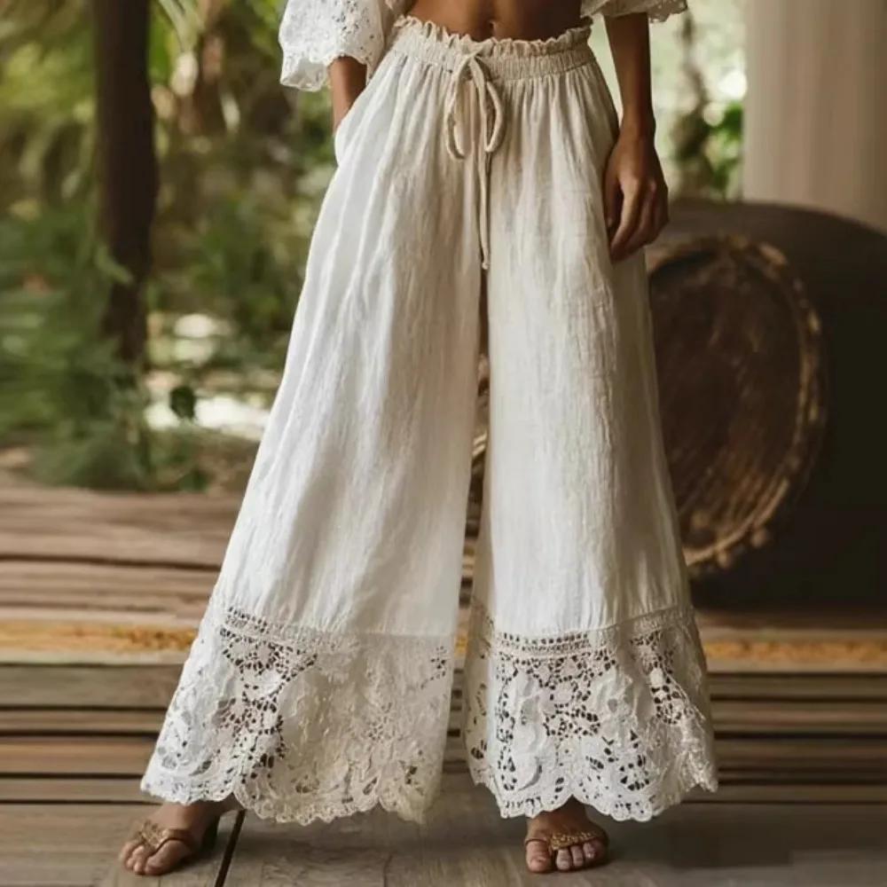 

Women s Wide Leg Pants High Waist Drawstring Lace Trim Trousers Casual Vintage Loose Elastic Waist Summer Beach Pants 2XL
