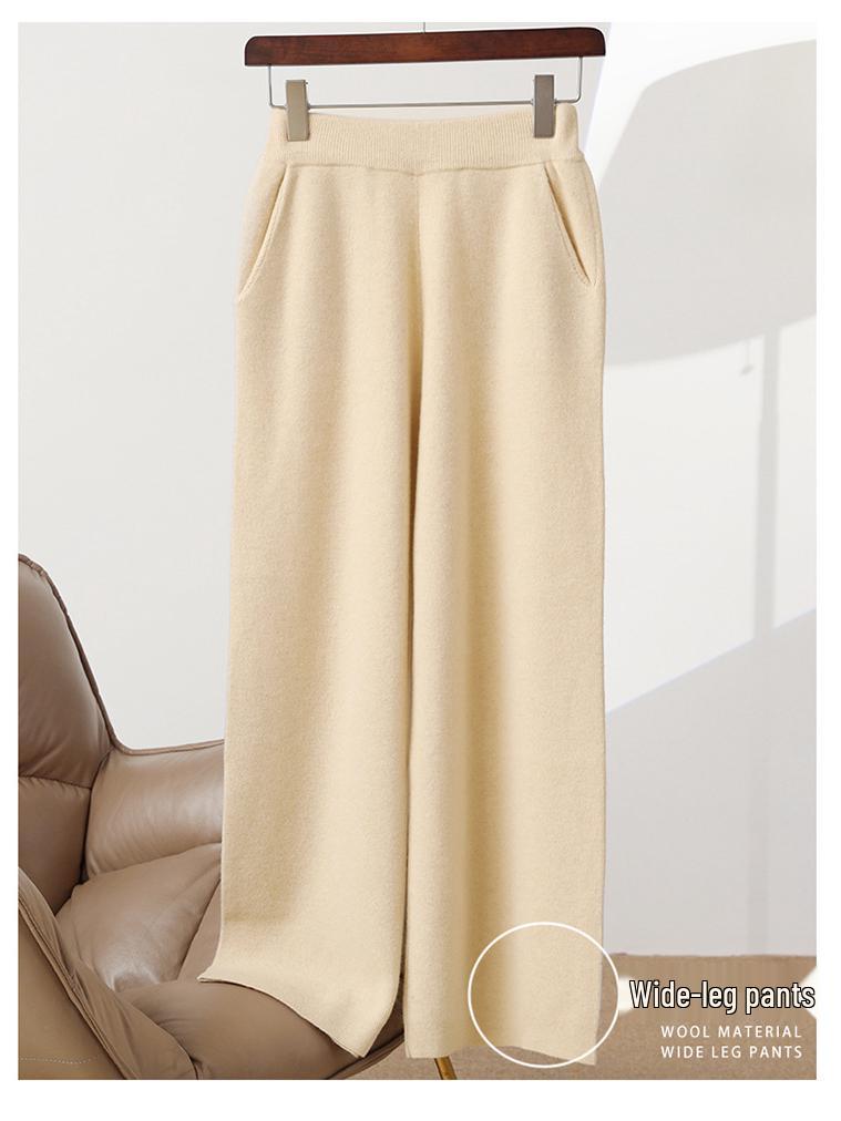 Dámské podzimní/zimní splývavé pletené kalhoty s vysokým pasem a širokými nohavicemi ze 100% vlny – Měkké, všestranné, ležérní, až na zem