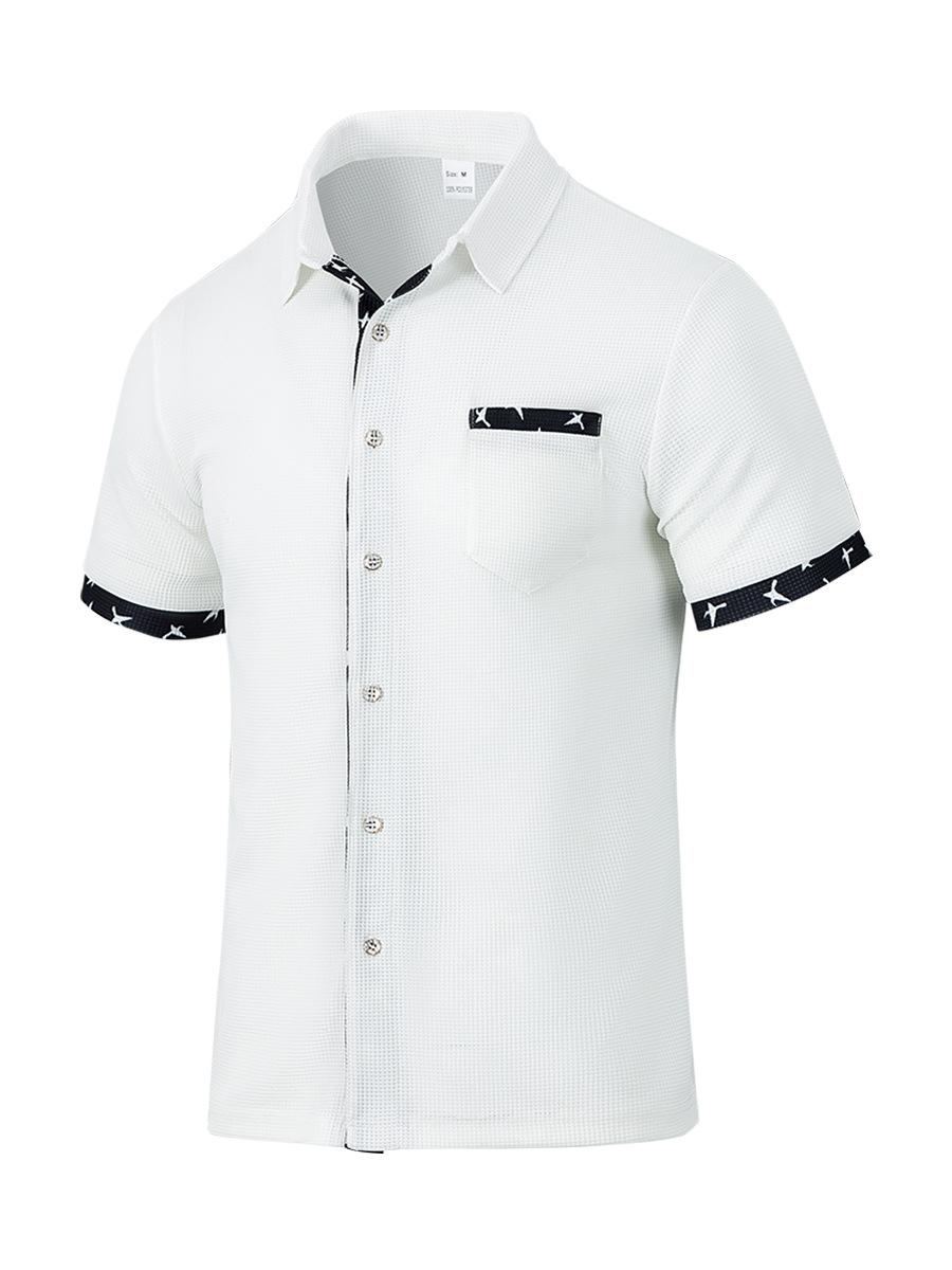 American Men s Cardigan Shirt Summer Casual Lapel Printed Button Waffle Short Sleeve S