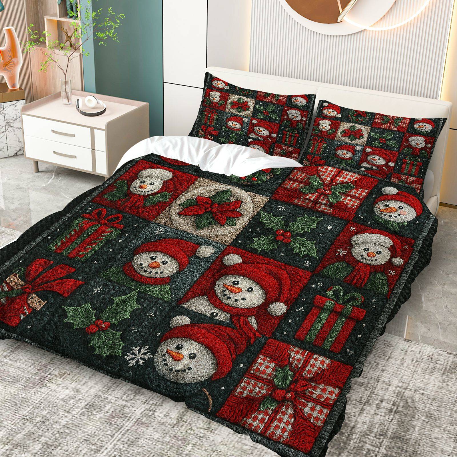 

3pcs Festive Snowman & Holly Checkered Duvet Cover Set - Cozy Christmas Bedding with Zipper Closure, Machine Washable EU Twin(135x200cm)