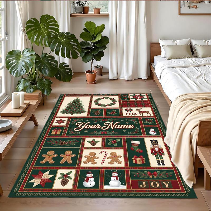 Christmas Custom Name Printed Square Area Rug Soft Non Slip Floor Carpet For Bedroom Holiday Gift