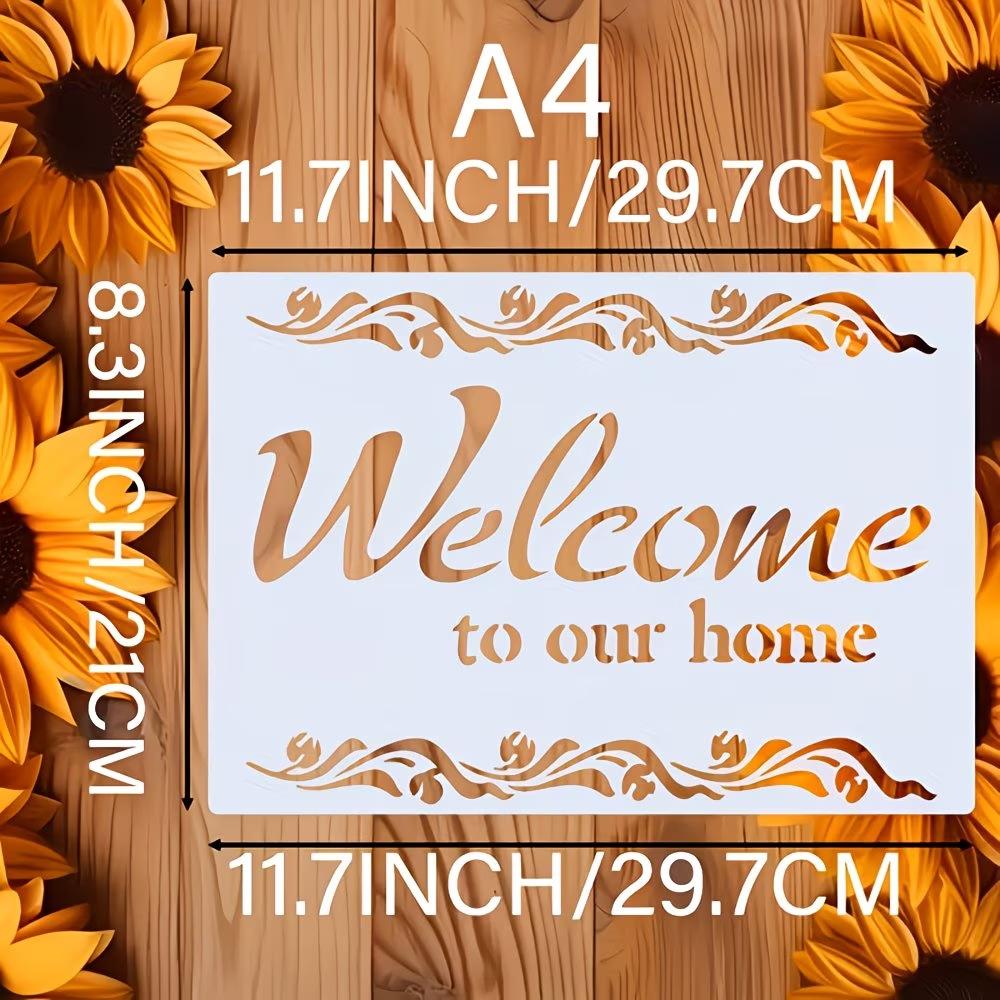 4PCS Home Welcome Stencils Set, Reusable Plastic Painting Templates for Wood, Wall & Farmhouse Decor, Family Love Quotes Stencils