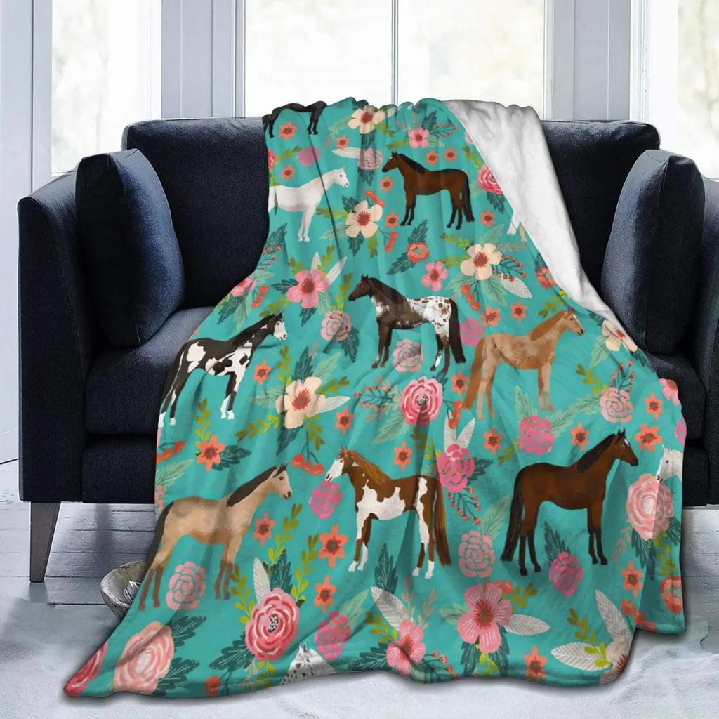 Flannel Fleece Throw Blanket for Couch, Floral Swedish Dala Horses Lightweight Plush Fuzzy Cozy Soft Blankets Throws Bed Sofa