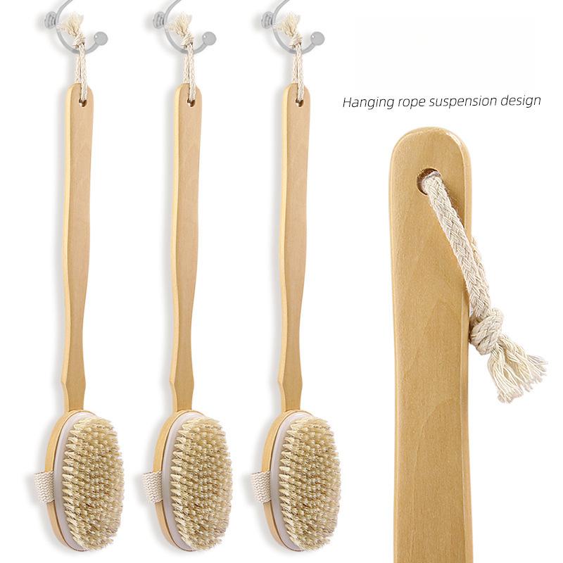 Perie de baie cu mâner lung din lemn pentru masaj, detașabilă, perie cu peri, păr moale, pentru frecat spatele, perie de baie
