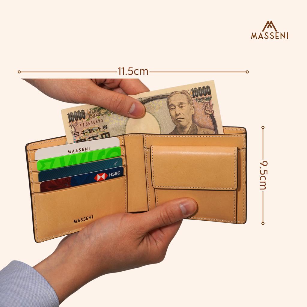 Premium Italian Leather Wallet with Coin Tan Genuine Holds 4 Cards [MASSENI] Men's Bi-fold Pocket, Color, Leather, Lightweight, (Tan)