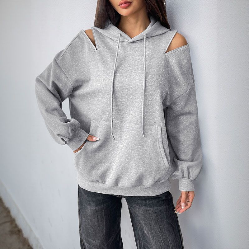 

Fashion Women Fleeces Ladies Tops Drawstring Hood Exposed Shoulder Pocket Pullover Hoodie Women Light gray XL