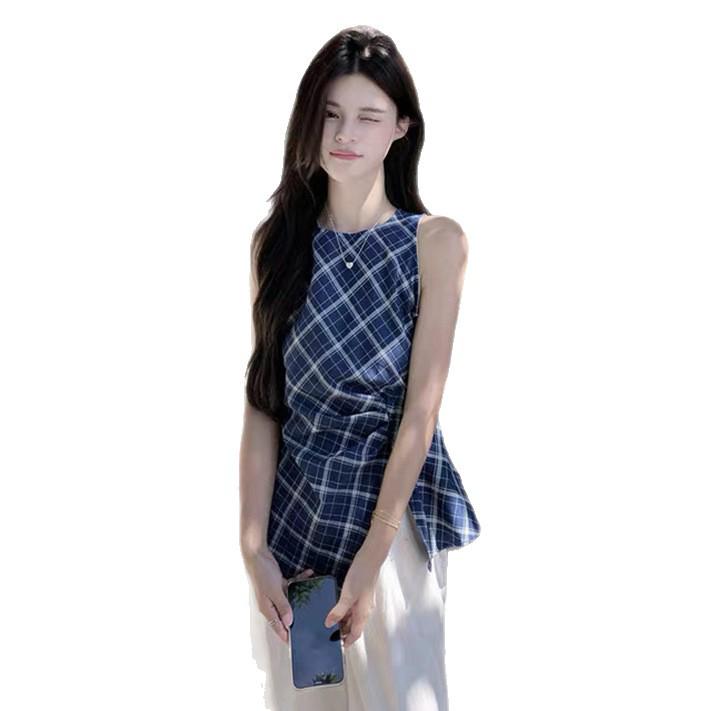 Women's Summer Retro Irregular Plaid Vest with Cinched Waist