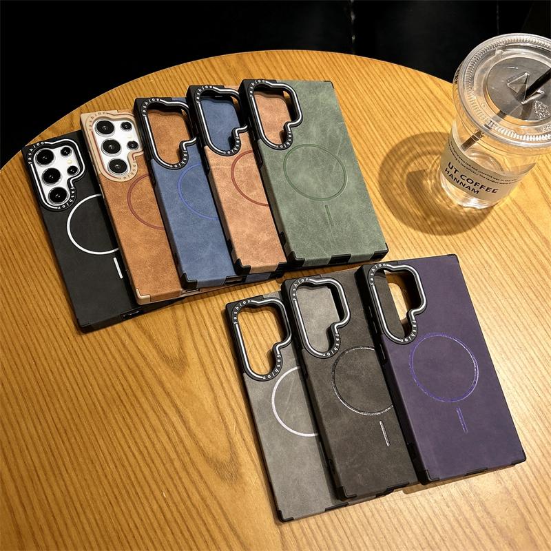 Retro Leather For Magsafe Magnetic Wireless Charge Case For Samsung S25 S24 Ultra Plus S22 S23 Ultra Shockproof Protection Cover