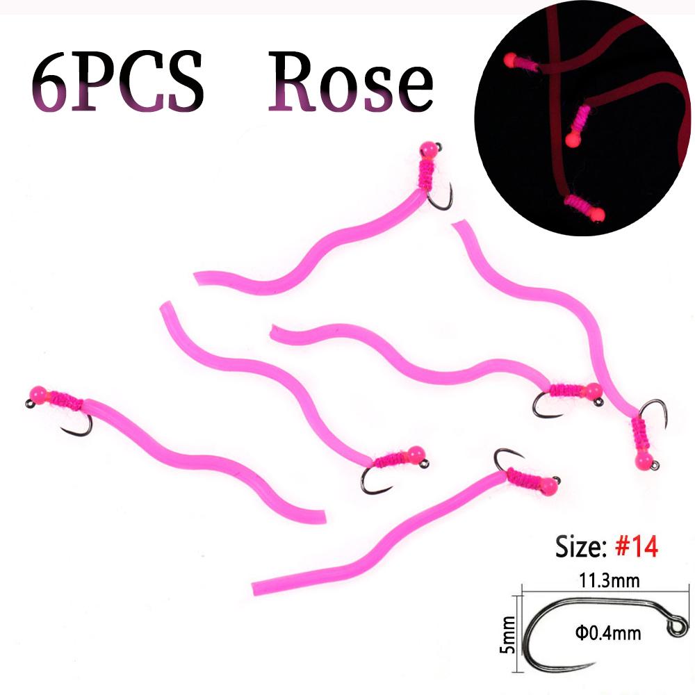 6PCS Tungsten Bead Head Squirmy Worm Jig Hook Fast Sinking Wet Fly San Juan Worm Euro Nymphs Trout Fishing Lure Bait