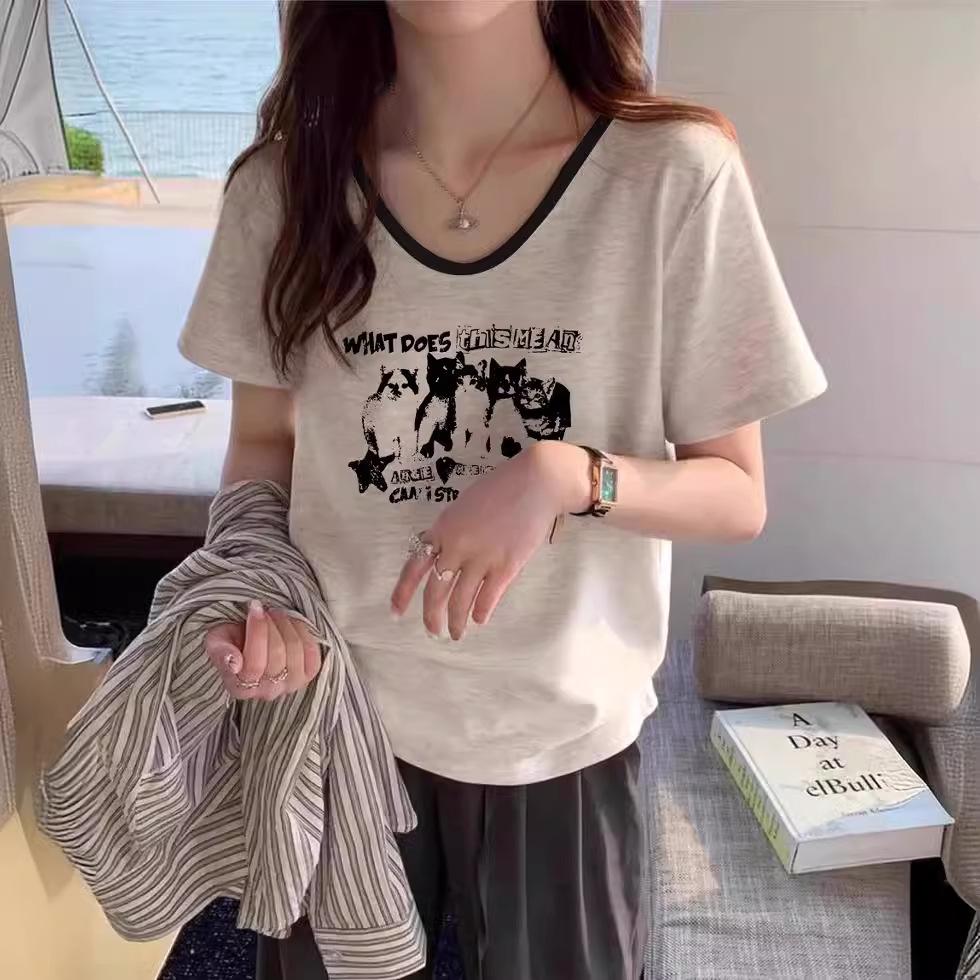 

Contrasting color front shoulder v-neck white short-sleeved t-shirt women s summer loose cotton half-sleeved top women s design sense niche S