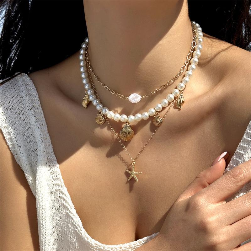 Mulitlayer Imitation Pearl Shell Starfish Pendant Necklace For Women Bohemian Ocean Elements Charm Choker Necklace Jewelry