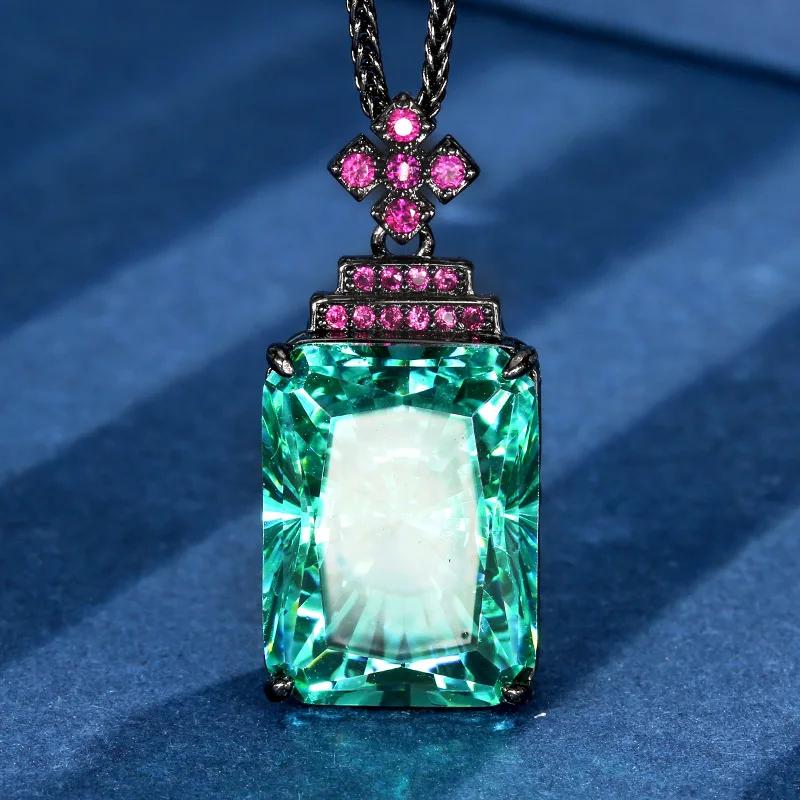 

Vintage Paraiba Like Teal Green Stone Pendant Necklace Emerald Cut Rectangle Cubic Zirconia Statement Jewelry with Cross Accent