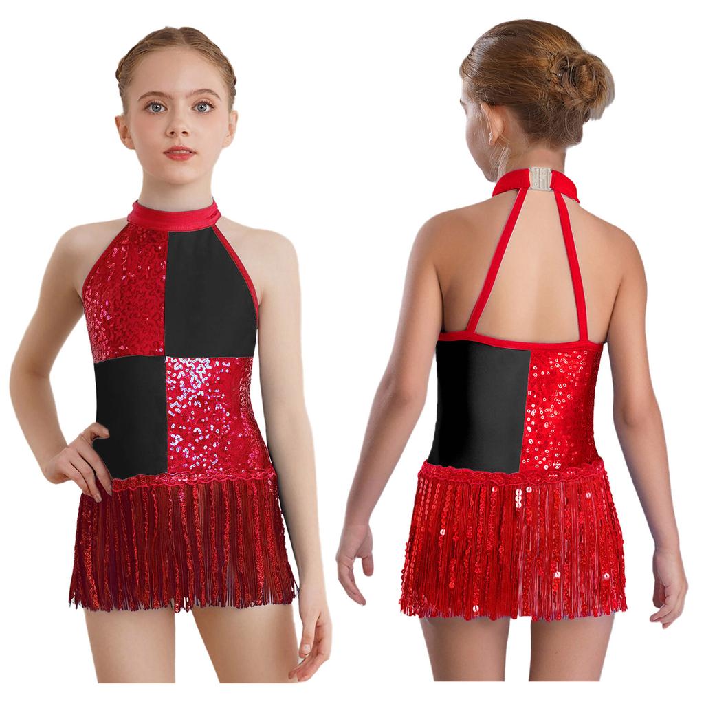 Girls Sequins Modern Jazz Latin Samba Stage Costume Halter Tank Leotard Tassel Dress School Ballroom Dancewear