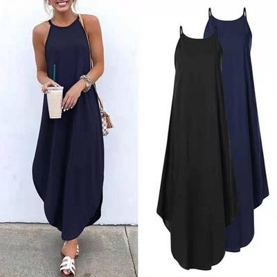 European and American Fashion Round Neck Solid Color Dovetail Suspender Loose Dress