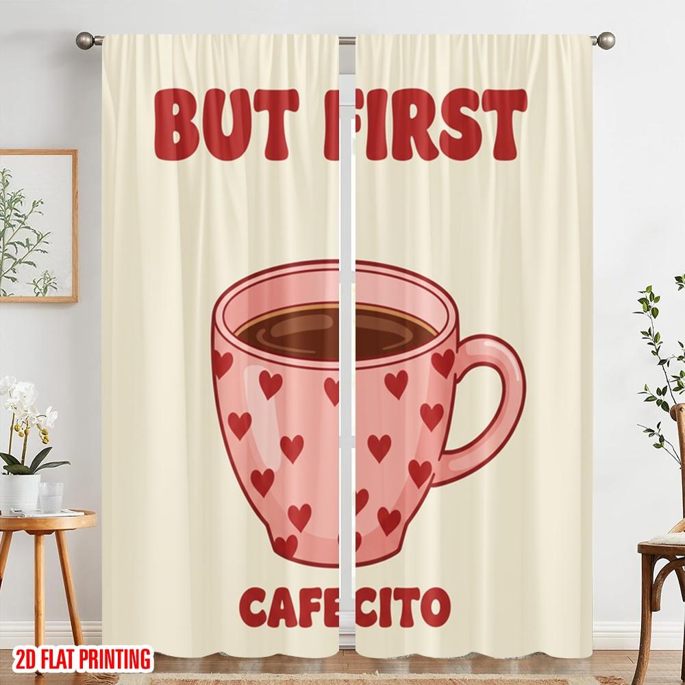 2pcs 2D flat printing Drapes But First Cafecito Hearts Polyester Without Electricity 0 Use for Holiday Family Portraits Party