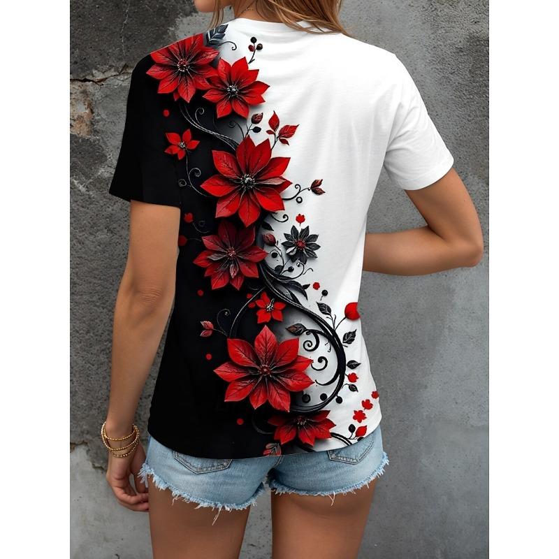 Women's T Shirt Floral Graphic Vintage Stylish Modern Short Sleeve V Neck Regular Tops Daily Print Red Summer Casual T-shirt