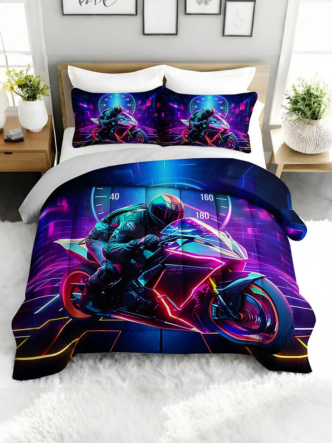 3PC Motorcycle Race Comforter Set Racing Sport Duvet Bedding with 2 Pillowcases for Bedroom Or Guest Room Decor 240x220cm
