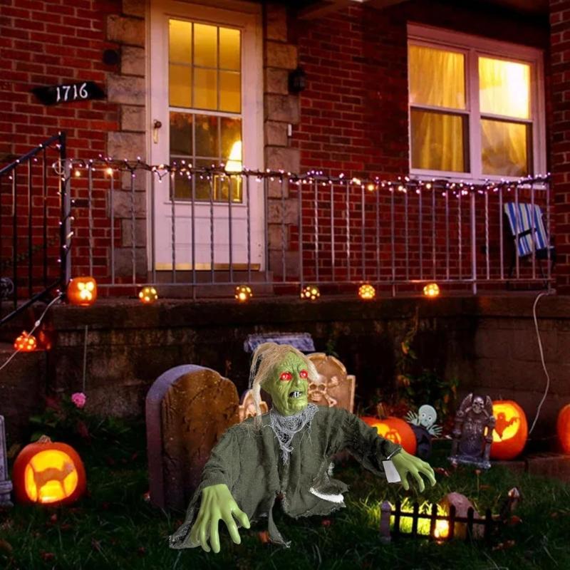 Green Face Halloween Yard Decoration with Red Light Detail, ABS Ground Insert Accent for Porch, Lawn, and Entryway Party Display, 1 Piece