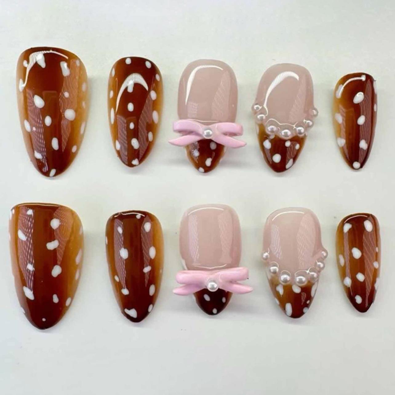 Autumn Brown Nail Art: Short Almond Polka Dot Fake Nails