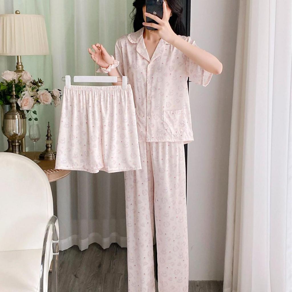 Women's Cute Cartoon Ice Silk Pajama Set - Short-Sleeved Three-Piece Summer Loungewear (TX0043)