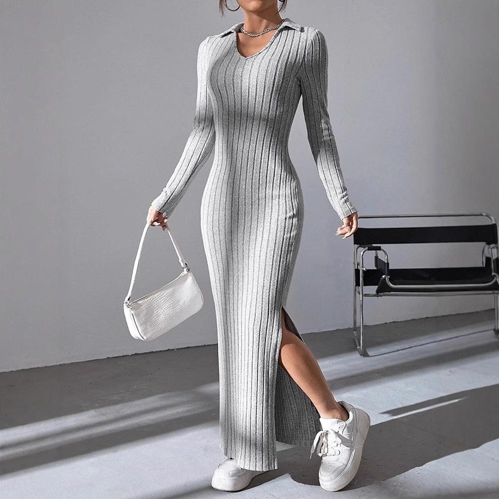 Orange V-Neck Long Sleeve Knit Bodycon Midi Dress with Side Slit