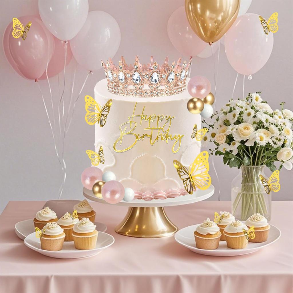 Crown Cake Topper Crown Birthday Candles Gold Butterflies, Corona Para Pastel, Cake Decorations for Birthday Wedding Party