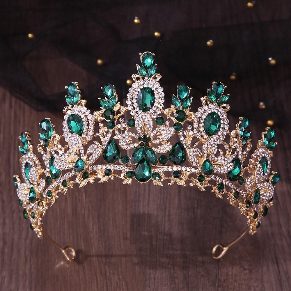 Exquisite Crystal Crown Handmade Baroque Headpiece Rhinestone Headband Bridal Tiara  Quinceanera золотистый/зелёный