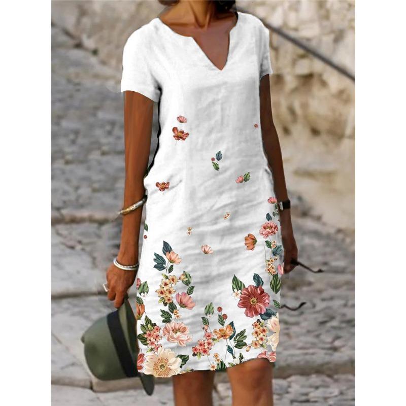 Kurzärmliges Midikleid aus Baumwollleinen mit Blumenmuster und V-Ausschnitt