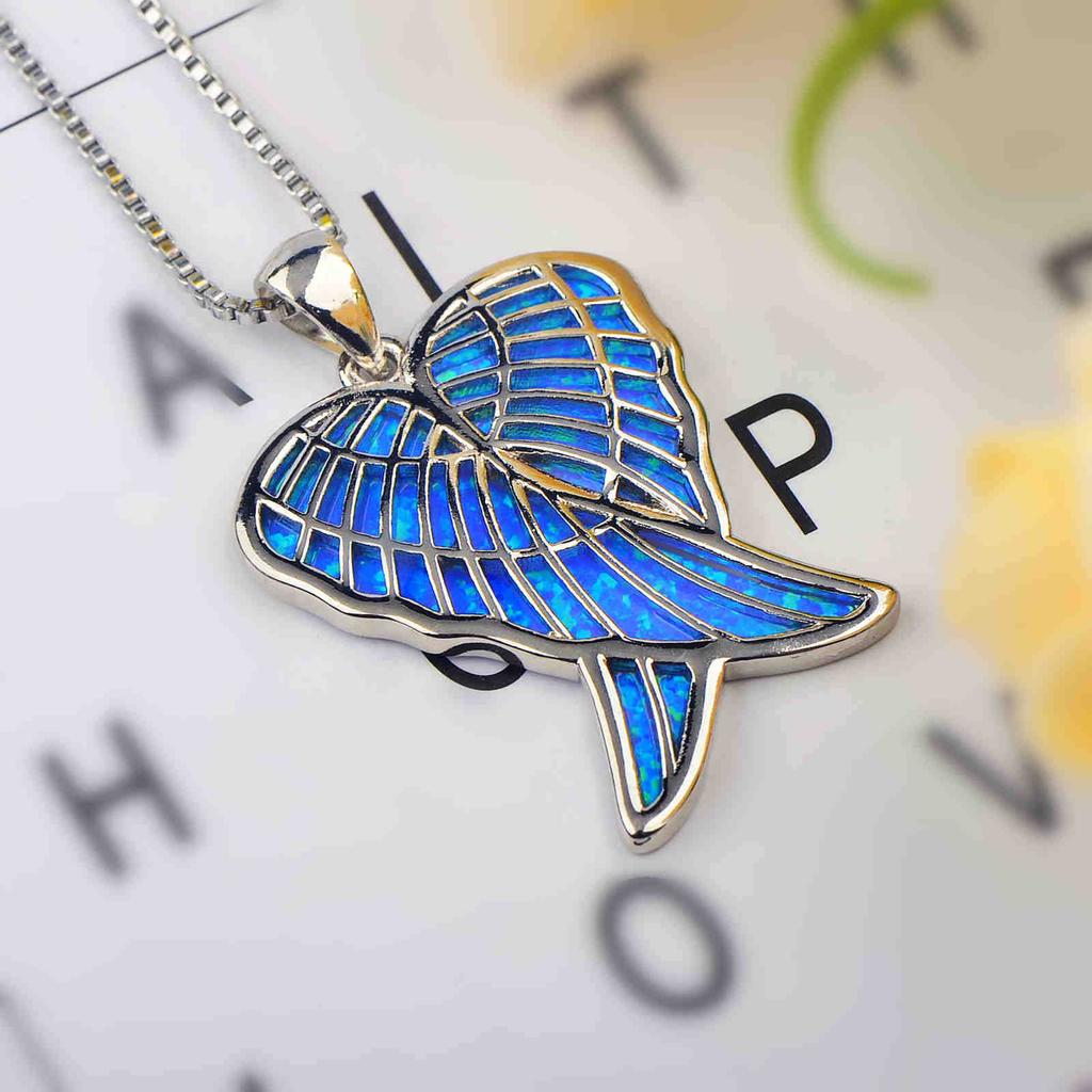 Aobao  Angel Wing Necklace with Sweater Chain Pendant Inlaid Opal